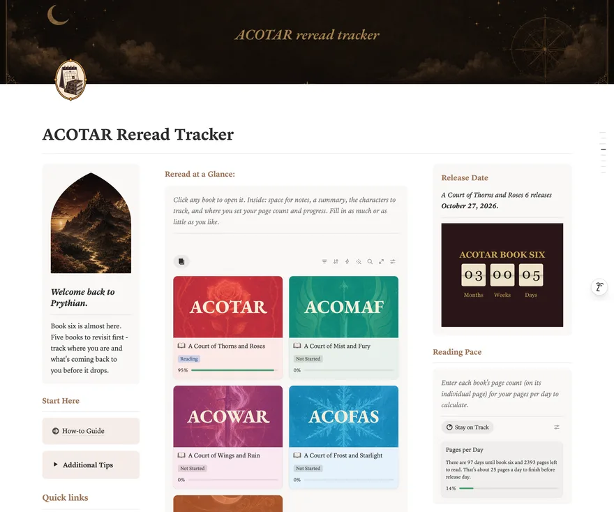 The ACOTAR reread tracker in Notion