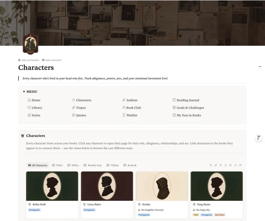 The character database in The Reader's Codex