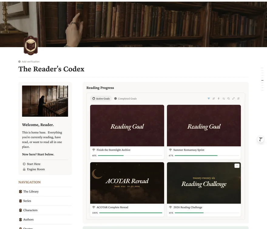 The Reader's Codex home dashboard in Notion